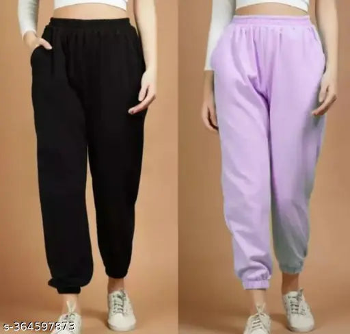 Black & lavender women's fleece jogger pant combo, 100% wool, elastic waistband, deep side pockets, suitable for sports, jogging, gym, running in winter