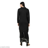 Black woolen A-line woven kurta with palazzo, long sleeves, single piece in woven design pattern. Made in India