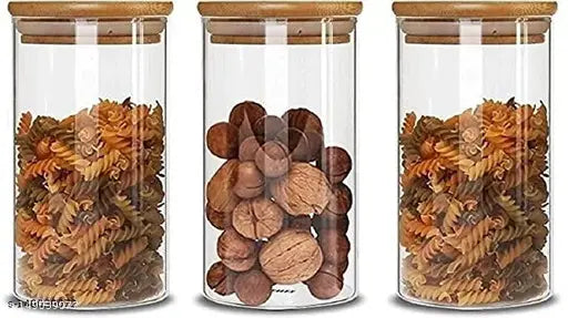Clear glass kitchen storage jar set, VRS MALL, 3-pack, 1400ml, Bamboo lid