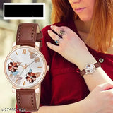 Analogue womens watch with grey, brown and pink flower dial, leather strap in unique design