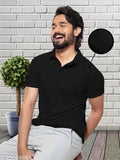 Black polocotton blend dot knit t-shirt with collar neck, for men and women. Solid pattern, short sleeves, S size (36in chest, 25in length)
