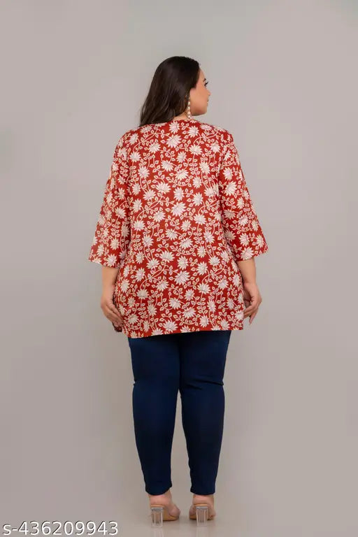 Plus size rayon wine color short kurti, printed combo flare sleeve, India-made fashion statement for all times