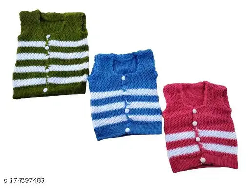 Woolen striped net sleeveless winter sweater for kids, 0-3 months, India origin