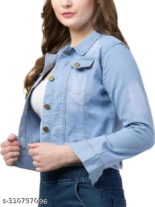 Girl in blue denim jacket, posing for photo