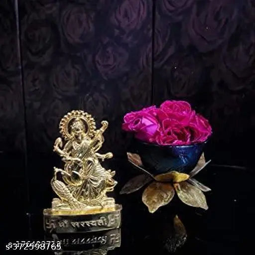 Metal Saraswati idol, 7cm from Haridwar, for home & office puja temple