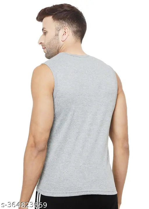 Grey cotton round neck printed sleeveless t-shirt for men, perfect summer essential on a warm day