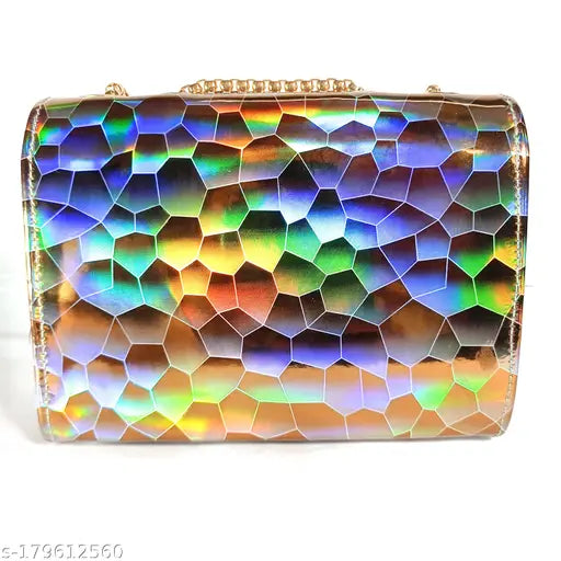 Vintage-style metallic iridescent blue handbag with sling strap, silver-tone hardware