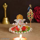 Silver plated white terracotta Ganesh idol with golden plate and free Tilak Stick, decorative car dashboard showpiece (10cm x 10cm x 10cm)