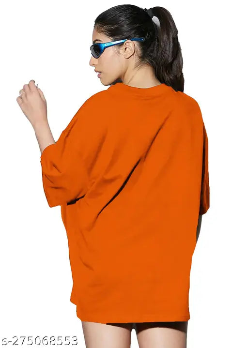 Large, orange T-shirt with bold typography on a round neckline