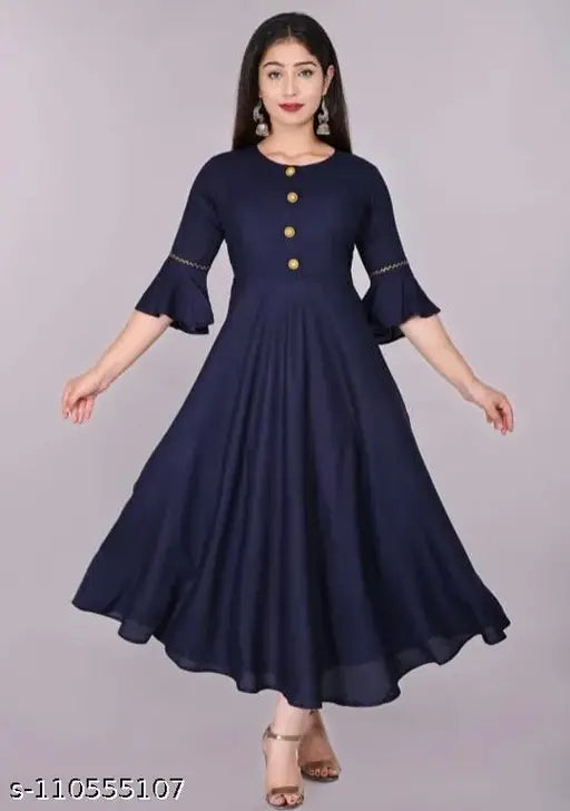 Navy blue rayon Akarsha Anarkali kurti with three-quarter sleeves, solid design for Indian women's fashion