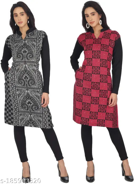 Red and black woolen women's kurta with 3/4 sleeves, V-neck