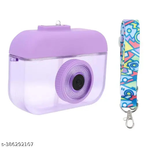 Lavender camera-shaped plastic sipper for kids, leak-proof and spill-proof, perfect for school or play