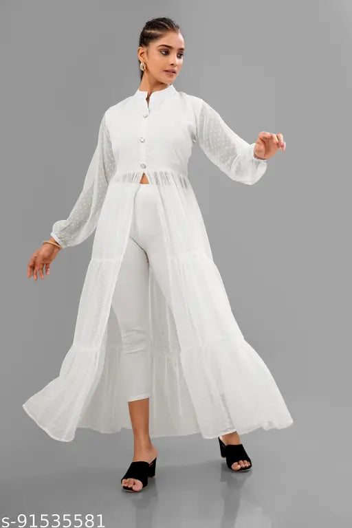 White Georgette long flair gown with center slit and frills, heavy Georgette kurti. Luxury festival wear, puff sleeves, round neck, full overlock, small stitch finishing