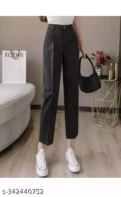 Cotton-Lycra high waist trousers by Anara Fashion, solid color with front pockets for women's stylish casual wear