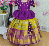 Kids girls ruffle pattern lehnga choli dress with puff sleeves, soft silk top and jacquard lehenga, traditional South Indian ethnic style, botanical print