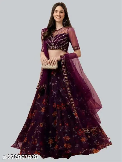 Embroidered floral net lehenga set, semi-stitched (40x42in), Indian origin