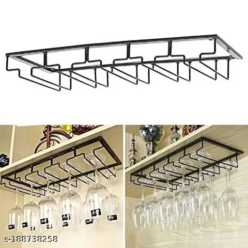 Metal wine glass rack with black hanging wine glasses