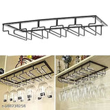 Metal wine glass rack with black hanging wine glasses