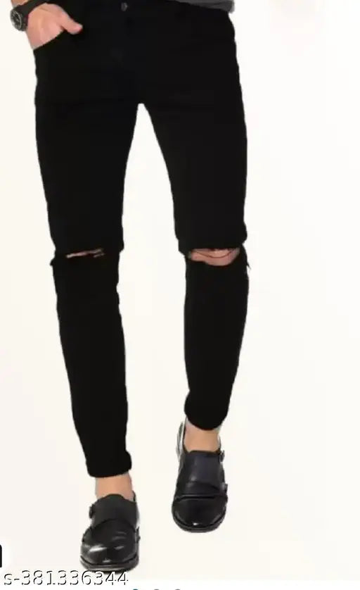 Designer fit black denim jeans, slim fit knee cut for men in sizes 28, 30, 32 (Waist 28-36in, Length 40in) - Made in India