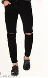 Designer fit black denim jeans, slim fit knee cut for men in sizes 28, 30, 32 (Waist 28-36in, Length 40in) - Made in India