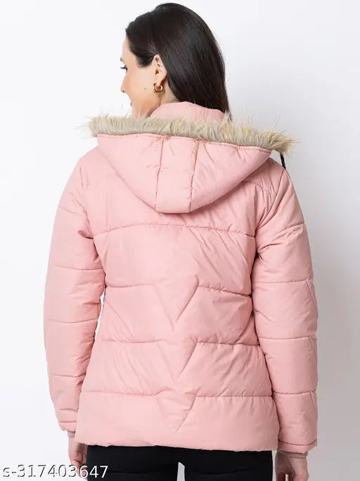 Light Pink Nylon Quilted Puffer Hooded Jacket for Women - Winter Wear, fur-lined hood, practical zip closure, luxury style