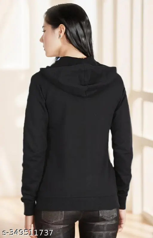 Black fleece long-sleeve jacket for women, solid design, size S (36in bust, 23in length)
