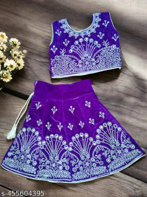 Velvet Kids Lehenga Choli Set, embroidered mirror work, vibrant contrast, durable velvet fabric, Indian-inspired design