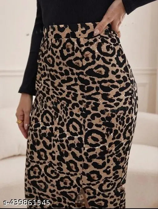 Luxurious polyester leopard print bodycon midi skirt with side slit, perfect for casual and semi-formal events. XS, S, M, L sizes available." (118 characters)