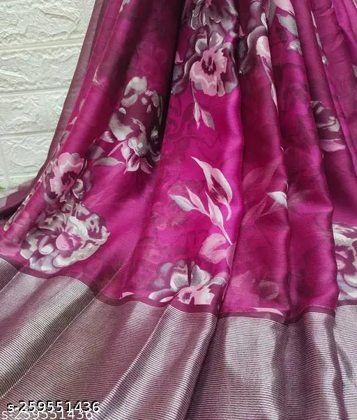 Natkhat Fashion Brasso Moss Chiffon Floral Printed Saree with Contrast Blouse - Soft, trendy Indian dailywear and party saree