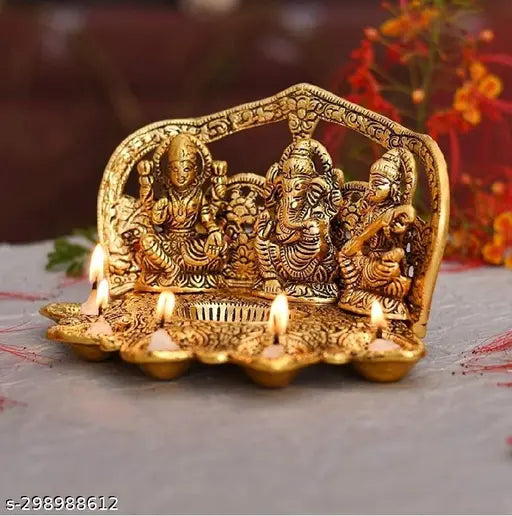 Metal Laxmi Ganesh Sarawati with 5 Diyas, Indian god idol for home, temple, office & gifting. Dimensions: 20x13x12.5cm (LxBxH)