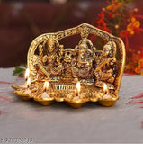 Metal Laxmi Ganesh Sarawati with 5 Diyas, Indian god idol for home, temple, office & gifting. Dimensions: 20x13x12.5cm (LxBxH)