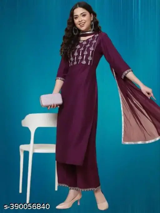 Embroidered cotton kurta set with palazzos, three-quarter sleeves. Pack of 3 sizes: S, M, L, XL, XXL, XXXL from Aagyeyi Ensemble, India