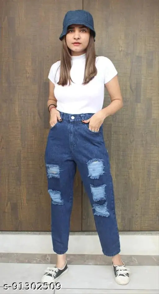 Fashionable blue ripped jeans in a casual style, suitable for women