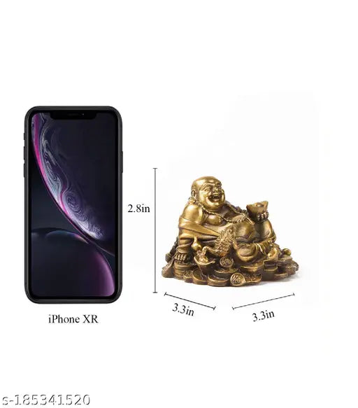 Polyresin Laughing Buddha figurine with Luck Money Coins and Golden Ingot, made in India - Perfect for home decor or gifting