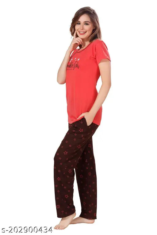 Tomato red hosiery cotton half-sleeve nightsuit set with pyjama pants, soft and comfortable sleepwear for women