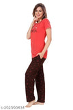 Tomato red hosiery cotton half-sleeve nightsuit set with pyjama pants, soft and comfortable sleepwear for women