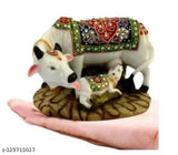 Marble Kamdhenu cow and calf figurine with decorative diamond, hand-crafted Indian showpiece for home decor