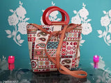 A printed handbag with an adjustable belt, featuring a variety of patterns and colors
