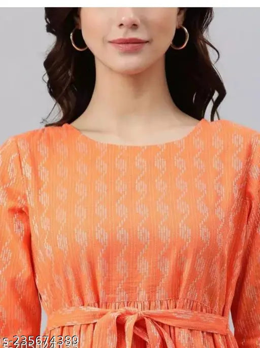 Orange anarkali printed dress for women, cotton blend fabric, calf length, fit and flare