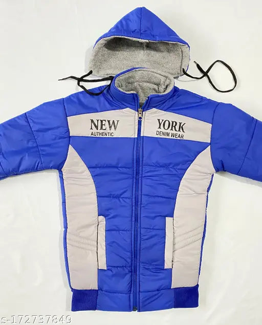 Blue and white jacket with hood, black fur trim, New York logo