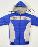 Blue and white jacket with hood, black fur trim, New York logo
