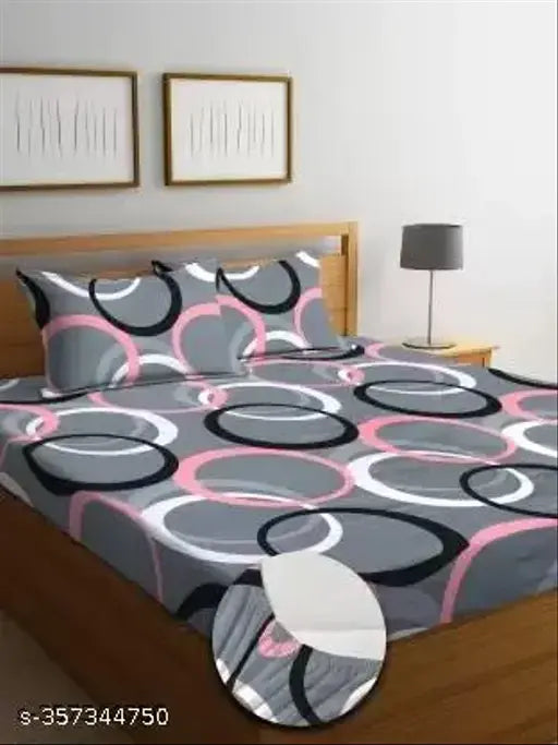 Glace cotton fitted bedsheet, gray and pink print, elastic edges, double size, 2 pillow covers.