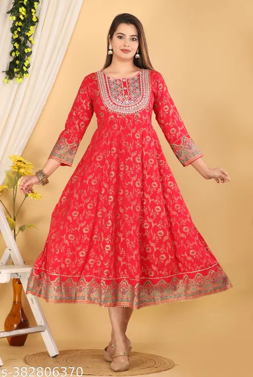 Gold print anarkali rayon dress with coding embroidery, three-quarter sleeves, new design for women