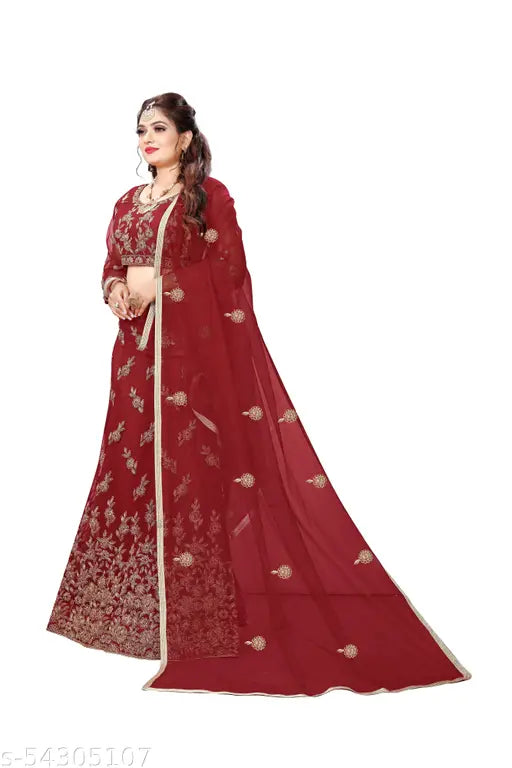 Maroon-gold glitter embroidered net Lehenga Choli & Dupatta, free size, India