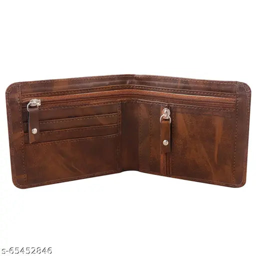 Brown faux leather men's two-fold wallet, Trendy Fashion style, features 4 card slots and 2 compartments with 2 zippers. Latest model accessory for stylish storage