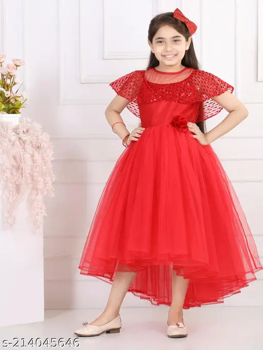 Red embellished net hilow party dress for girls aged 1-4 years, India origin