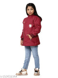 Red padded girls jacket with hood and pockets, zip closure