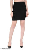 Black polyester stretchable pencil skirt for women, designed with solid pattern, elasticated waistband, and color fastness. Illustrative image shows top and footwear not included. Sizes available: 24, 26, 28, 30, 32, 34 (waist 24-38 in, hip 28-38 in). Origin: India