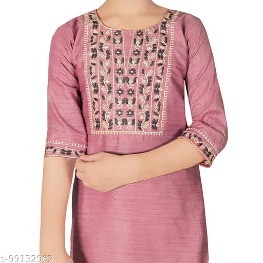 Chanderi cotton embroidered kurti with leggings set for girls, A-line style and three-quarter sleeves, sizes from 4-5 to 16 years, made in India