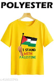 Palestine flag print polyester t-shirt, Save Palestine message on round neck, short sleeves